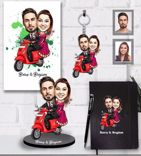 Kişiye Özel Vespa Motorcu Sevgili Karikatürlü 5 li Hediye Seti  Mod-3