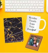 Kişiye Özel Baş Harf İsim Soyisim Beyaz Kupa Fotoğraflı Çerçeve Ve Yaldızlı Desenli Defter Set
