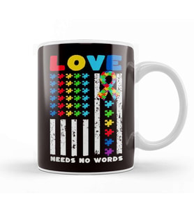 Love Needs No Words US American Flag Autism Puzzle Autistic Kupa Bardak Porselen
