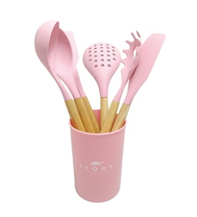 Ivory Doğal Bambu Saplı %100 Silikon Mutfak Seti 6 Parça Pembe