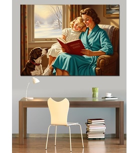Kızına Kitap Okuyan Kadın Ve Köpek Retro Dekoratif Kanvas - Mdf Ahşap Tablo