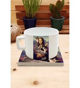 Kediler ve Sanat/Leonardo Da Vinci Mona Lisa Set 4 -Fincan Kupa-Taş Bardak Altlığı 2