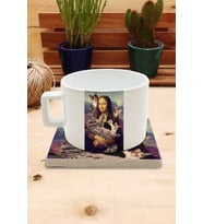 Kediler ve Sanat/Leonardo Da Vinci Mona Lisa Set 4 -Fincan Kupa-Taş Bardak Altlığı 2