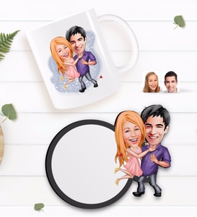 BK Gift Kişiye Özel Sevgililer Karikatürlü Beyaz Kupa ve Ahşap Bardak Altlığı Hediye Seti-3