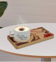 BK Gift Kişiye Özel Çiçekler Tasarımlı Doğal Ahşap Tabaklı Seramik Fincan Sunum Seti  Model 3