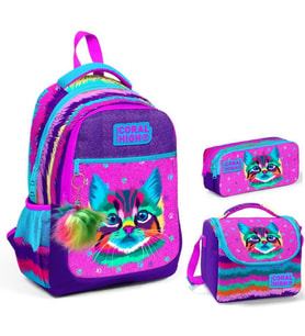Coral High Kız Çocuk Mor Pembe Kedi Üçlü İlkokul Okul Çanta Seti