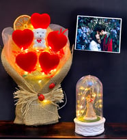 Fotoğraflı Hediye Seti  Led Işıklı Kalp Buketi & Işıklı Şans Melekli Fanus