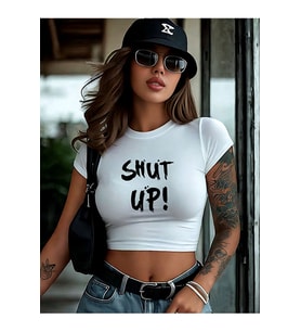 Kadın Crop Baby Tee Shut Up Baskılı Dar Kesim %100 Pamuk Y2K Streetwear Tişört