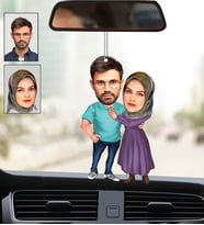 Kişiye Özel Fotoğraflı Tesettürlü Çift Tasarımlı Karikatür Araba Dikiz Ayna Süsü