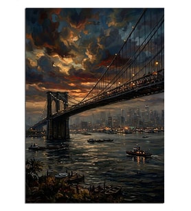 Brooklyn Köprüsü Gece Manzarası Tablosu Dekoratif Kanvas - Mdf Ahşap Tablo