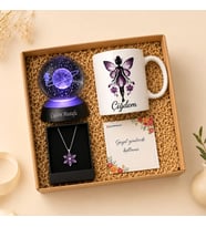 Kişiye Özel Mor Peri Kız Hediye Seti İsim Baskılı Kupa Işıklı Satürn Küre Ve Lotus Kolye Kadına Hedi