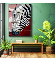 Gümüş Renk Metal Çerçeveli Tamperli Cam Tablo Doğal Desen Zebra Tablosu Duvar Dekoru