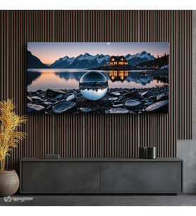 Yatay Panoramik Kanvas Tablo Kristal Küre Dağ Ev Manzara Tablosu Ev Ofis Duvar Dekoru