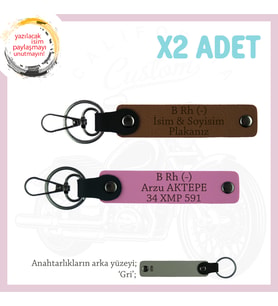 Motosiklet Aşıkları İçin, İsim Plaka ve B (-) Kan Grubu Yazılı Kişisel x2 Anahtarlık, Kahve-Pembe-Gr