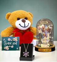 Size Özel Led Işıklı Fanus & Ametist Taşlı Lotus Kolye & Kalpli Peluş Ayıcık Hediye Seti (Model 2)