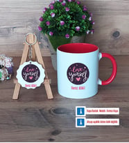 Love Yourself Kupa Bardak Kırmızı ve Ahşap Anahtarlık Hediye (Model 1)