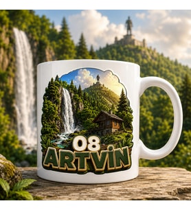 Artvin Temalı Memleket Kupası – 08 Artvin Atatepe Şelale Yayla Evi ve Doğa Manzarası Baskılı Seramik Kupa