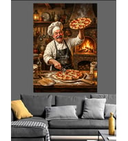 Mutfakta Pizza Hazırlayan Klasik Şef Dekoratif Kanvas - Mdf Ahşap Tablo