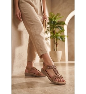 Elit HML4053 Kadın Taşlı Düz Sandalet Camel