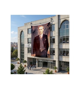 Takım Elbiseli Eli Cebinde Atatürk Poster Bayrak Raşel Kumaş 6x9 metre ATA29
