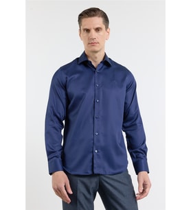 Lacivert Saten İtalyan Yaka Uzun Kol Cepsiz Slim Fit %100 Pamuk Gömlek 1004255231