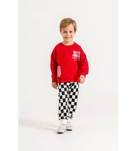 Çilek Desenli Sweatshirt Dama Desen Pantolon 3İplik Erkek Çocuk Alt Üst Takım