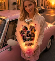 Pembe Anı Buketi 9 Fotoğraflı LED Işıklı Kalp Balonlu Kişiye Özel Çiçek Buketi - Arkadaşa, Kıza, Flörte, Sevgiliye Hediye
