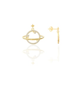 Gümüş altın yaldızlı zirkon taşlı satürn gezegen küpe SGTL12657GOLD