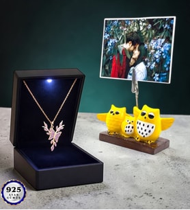 Fotoğraflı Işıklı Kutusunda 925 Ayar Gümüş Kelebek Kolye (Baykuşlu)