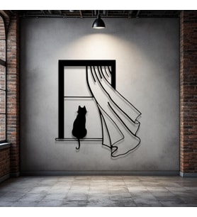 Kedi Figürlü Pencere Metal Tablo – 3D Gölgeli Modern Duvar Dekoru, Ev ve Ofis Hediyesi (Siyah)