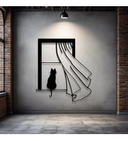 Kedi Figürlü Pencere Metal Tablo – 3D Gölgeli Modern Duvar Dekoru, Ev ve Ofis Hediyesi (Siyah)