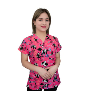 Unisex Pembe Panda Desenli Esnek  Likralı Asistan Veteriner Scrubs Cerrahi  Tek Üst Forma