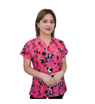 Unisex Pembe Panda Desenli Esnek  Likralı Asistan Veteriner Scrubs Cerrahi  Tek Üst Forma
