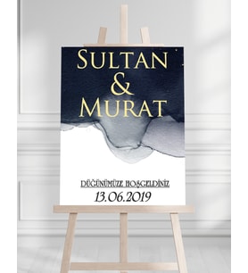 Söz Nişan Düğün İçin 50x70 Karşılama Panosu - Mavi ve Altın Tasarımlı 001