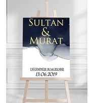 Söz Nişan Düğün İçin 50x70 Karşılama Panosu - Mavi ve Altın Tasarımlı 001