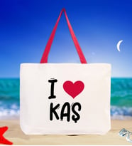 BK Gift I Love Kaş Renkli Kulp Kanvas Plaj Çantası 48x40m, Baskılı Omuz Çantası, Alışveriş Çantası (Kırmızı)