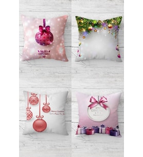 Yeniyıl Hediye Temalı Yılbaşı Gizli Fermuarlı Kırlent Kılıfı Koltuk Yastık Kılıfı Takım(4adet) (Pembe-Fuşya)