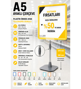 A5 Ayaklı Çerçeve Seti Plastik Ördek Ayak Teleskopik Borulu Fiyat Etiketliği Yönlendirme Levhası Menü Panosu Sarı