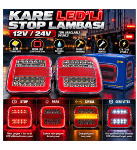 2'li Set 12v-24v Uyumlu Neon Led'li Kare Stop Lambası Fonksiyonel Stop Park Sinyal Geri Vites Kamyonet Kamyon Römork Uyumlu