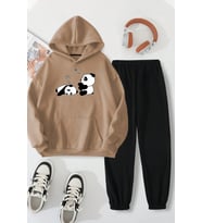 Unisex Uykucu Panda Baskılı Rahat Eşofman Takımı (Bej)
