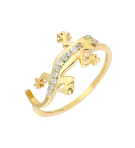 Zirkon Taşlı Kertenkele Tasarım Gold Renk 925 Ayar Gümüş Bayan Yüzük