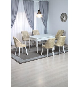 Sera Beyaz 80 x 132 Açılabilen MDF Masa Beyaz Metal Ayaklı Mutfak Masası 6 Krem Desen Sandalye