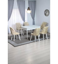 Sera Beyaz 80 x 132 Açılabilen MDF Masa Beyaz Metal Ayaklı Mutfak Masası 6 Krem Desen Sandalye
