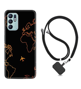 Oppo Reno 6 Kılıf Silikon Boyun Askılı İpli Desenli Silikon Harita ve Uçak 1777