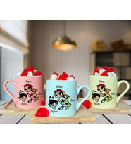 Power Puff Girls Arkadaş Tasarımlı Pembe-Yeşil-Sarı Ahşap Tabaklı Kişiye Özel Türk Kahvesi Fincanı Seti