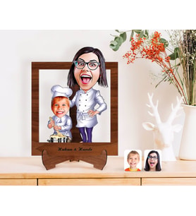 BK Gift Kişiye Özel Anneler Günü Temalı Anne Oğul Chef Karikatürlü Ahşap Standlı 3D Biblo-1 (Beyaz)