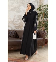 Liva Kolları Taşlı Abaya - Siyah