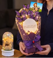 Size Özel Fotoğraflı Led Işıklı Aynalı Kelebek Buketi & Led Işıklı Fanuslu (Model 4)
