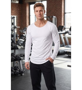DeepSEA Erkek Beyaz %95 Pamuk Slim Fit Kesik Açık Yaka Likralı Penye Sweatshirt Oval Kesim 2602299
