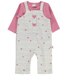 Civil Baby Çizgi Kalp Empirme 6-18 Ay Tulum - Ekru